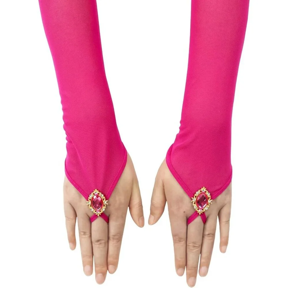 Women's Baby Pink Long Fabric Finger Loop Gloves Bridal Wedding Party Costume - Picture 3 of 6